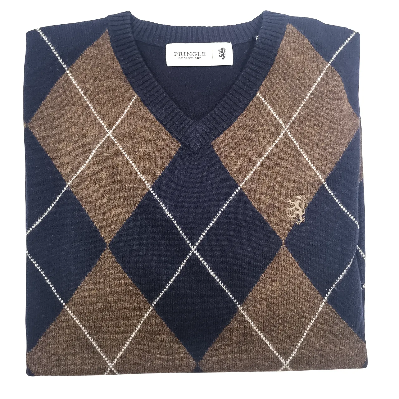 PRINGLE Argyle Knitwear V Neck Navy Brown Lambswool Jersey