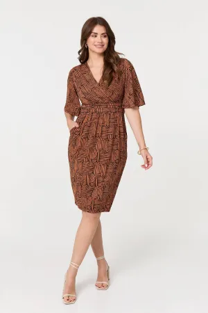 Printed Ruched Faux Wrap Knee Length Dress