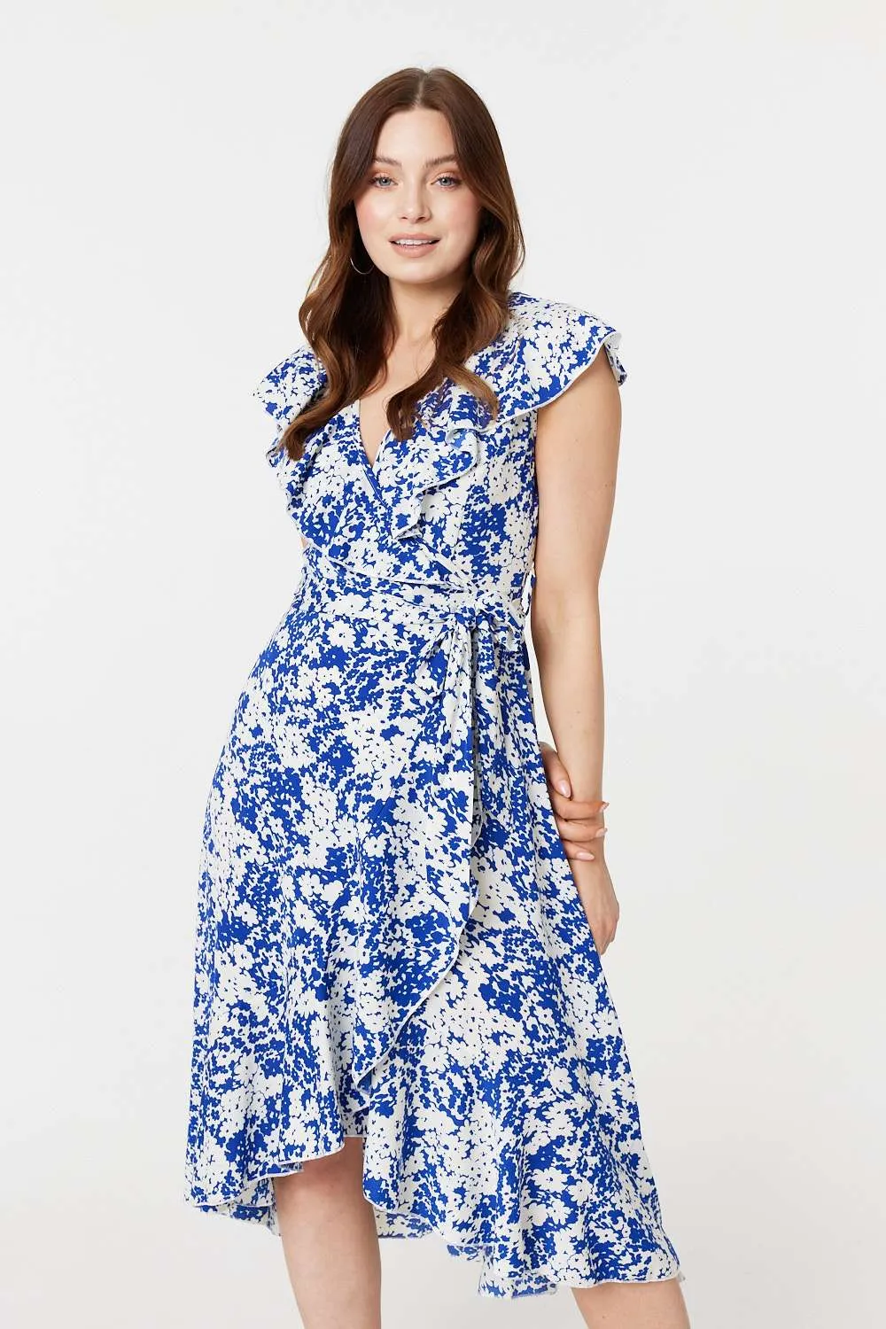 Printed Tie Waist Midi Wrap Dress