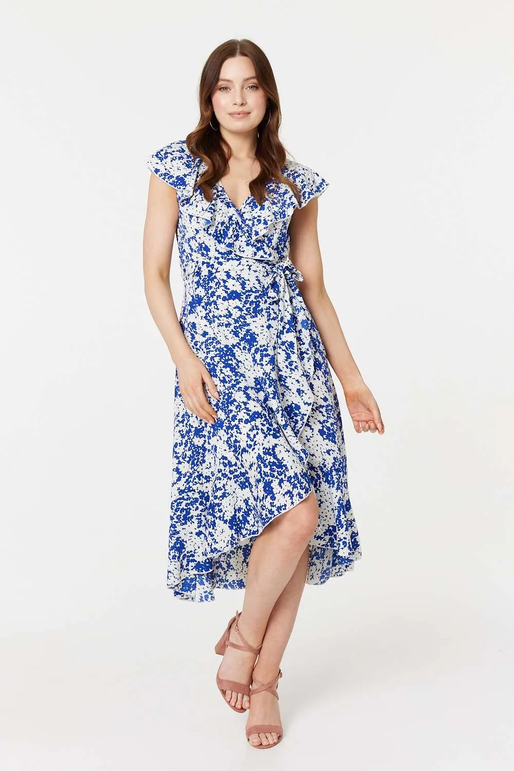 Printed Tie Waist Midi Wrap Dress