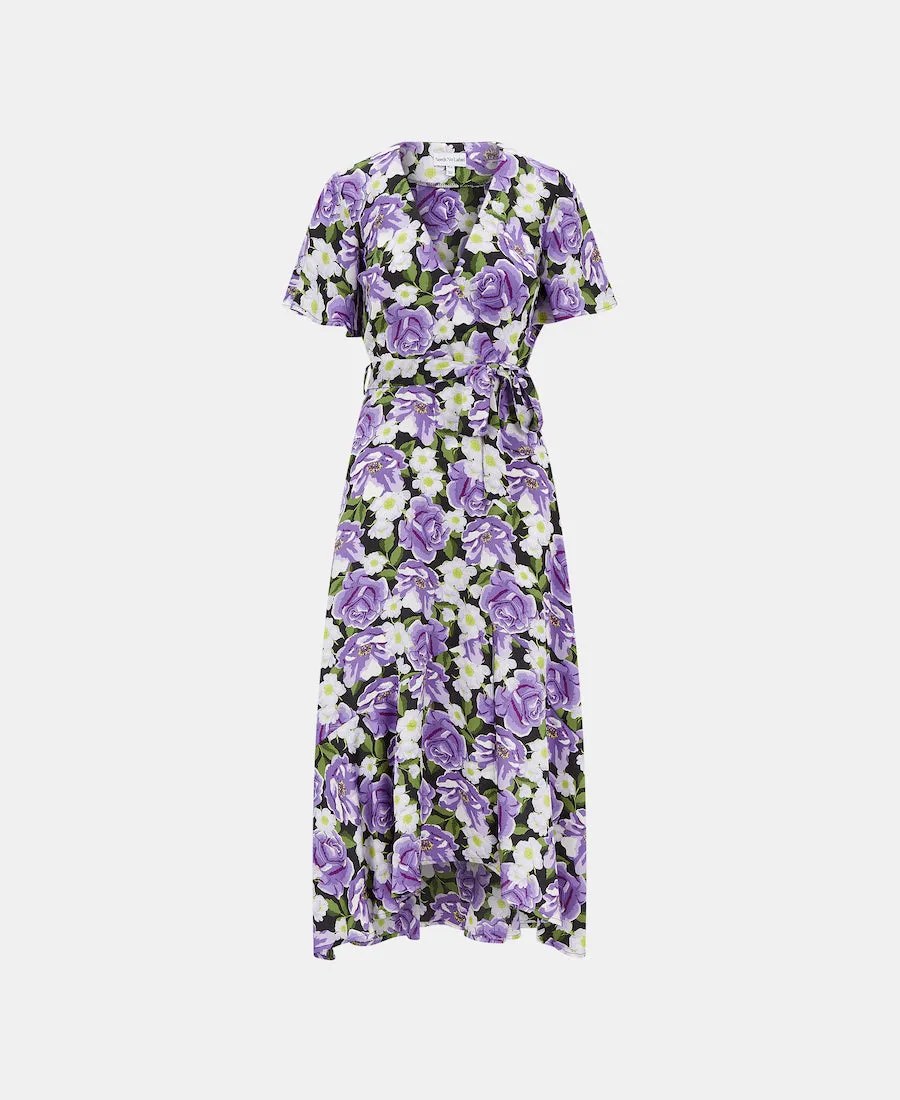 Purple Floral Wrap Midi Dress