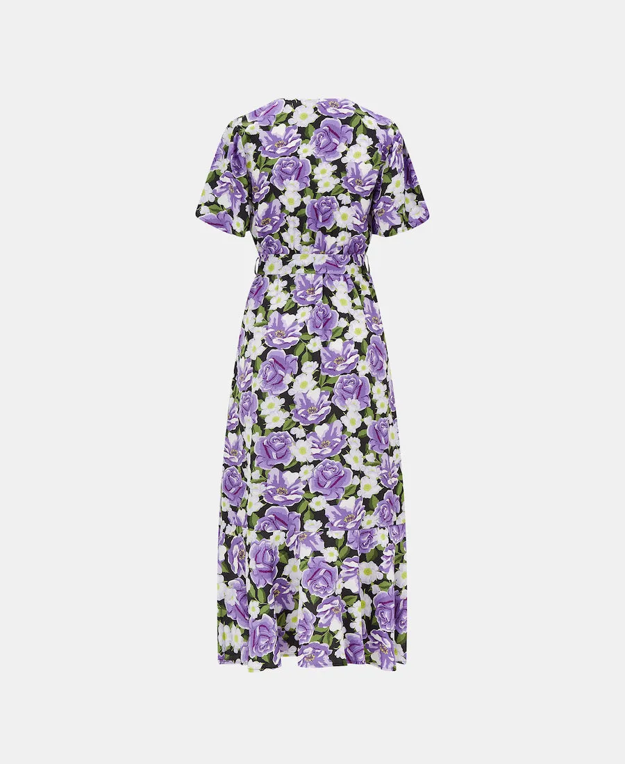 Purple Floral Wrap Midi Dress