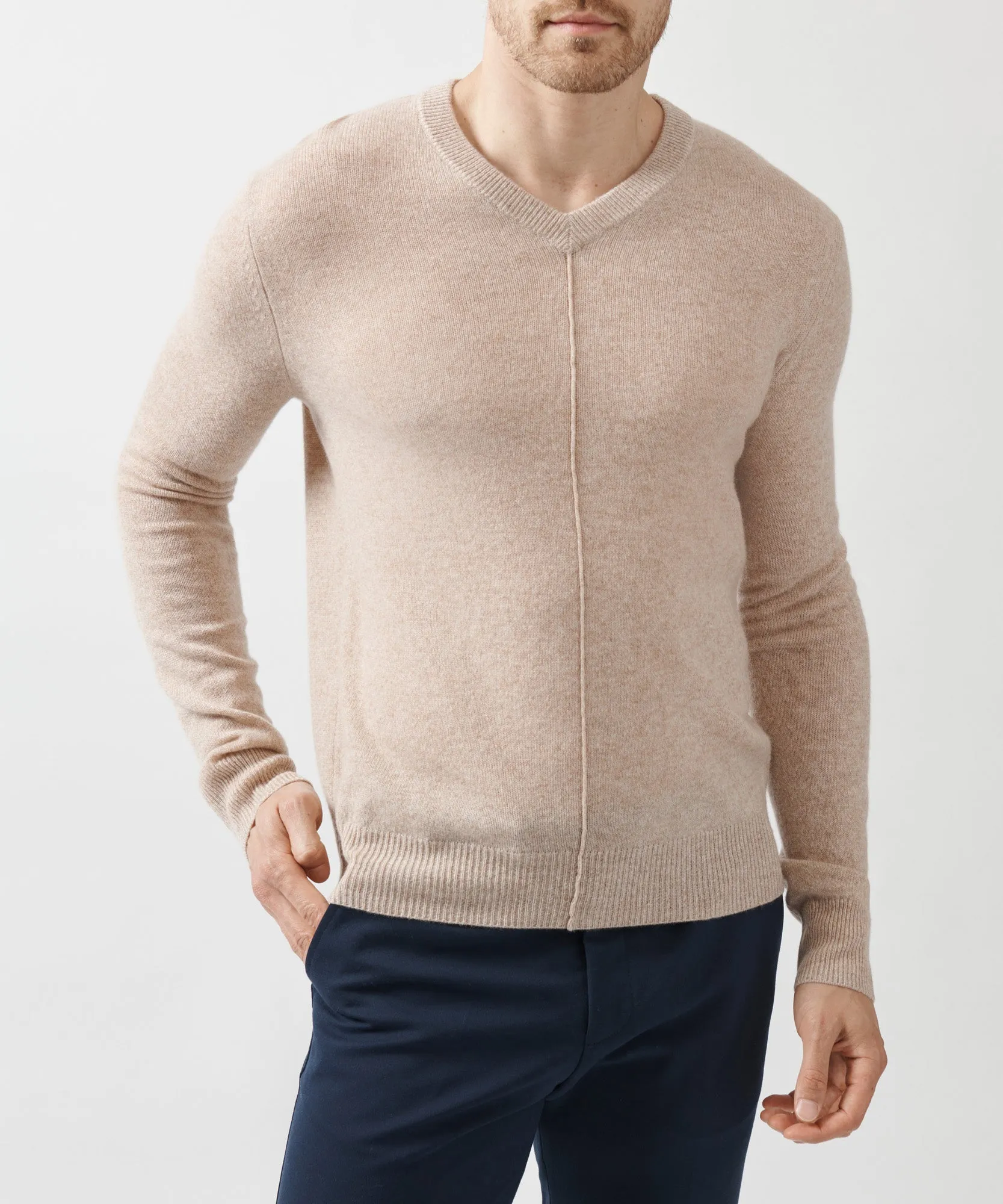 Recycled Cashmere Exposed Seam V-Neck Sweater - Caramel