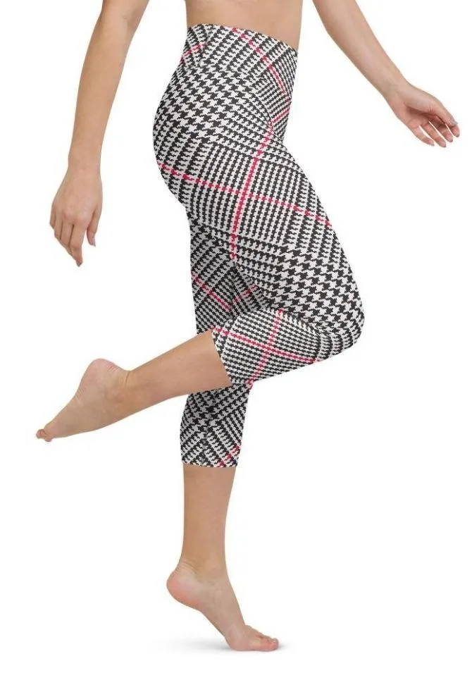 Red Houndstooth Plaid Yoga Capris