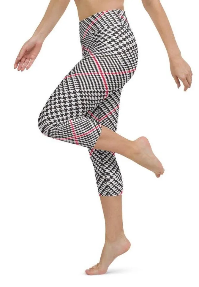 Red Houndstooth Plaid Yoga Capris