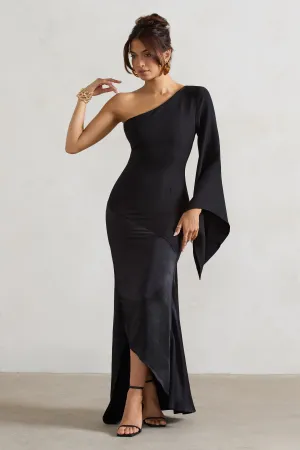 Salem | Black Asymmetric Cape-Sleeve Maxi Dress With Satin Skirt