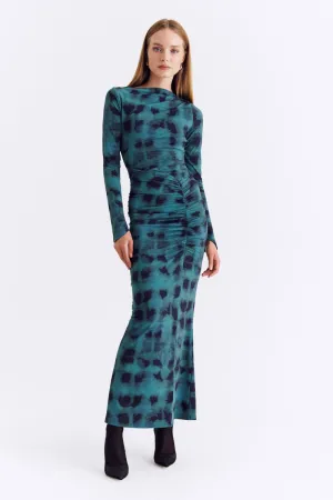 Shibori Long Sleeve Ruched Maxi Dress - Green