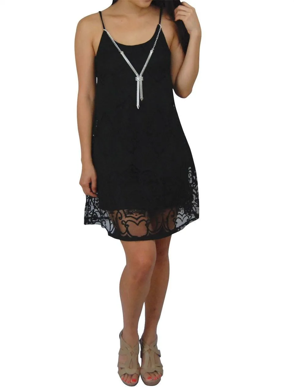 Spaghetti Lace Ornament Mini Dress with Fashion Necklace Black