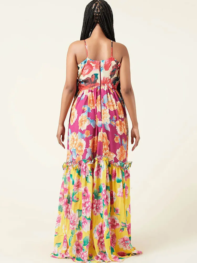 Spaghetti Strap V Neck Floral Maxi Dresses