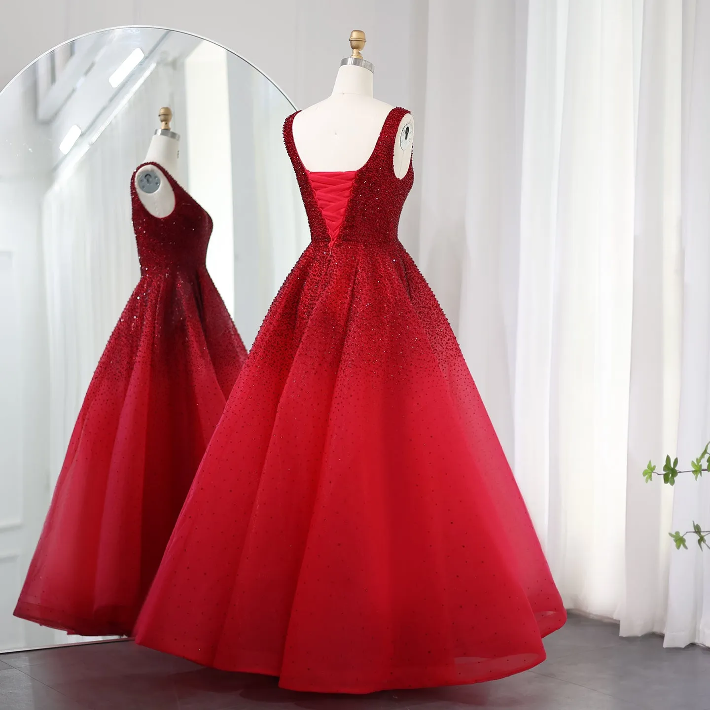 Sparkly Crystal Burgundy Ball Gown Evening Dress SS208