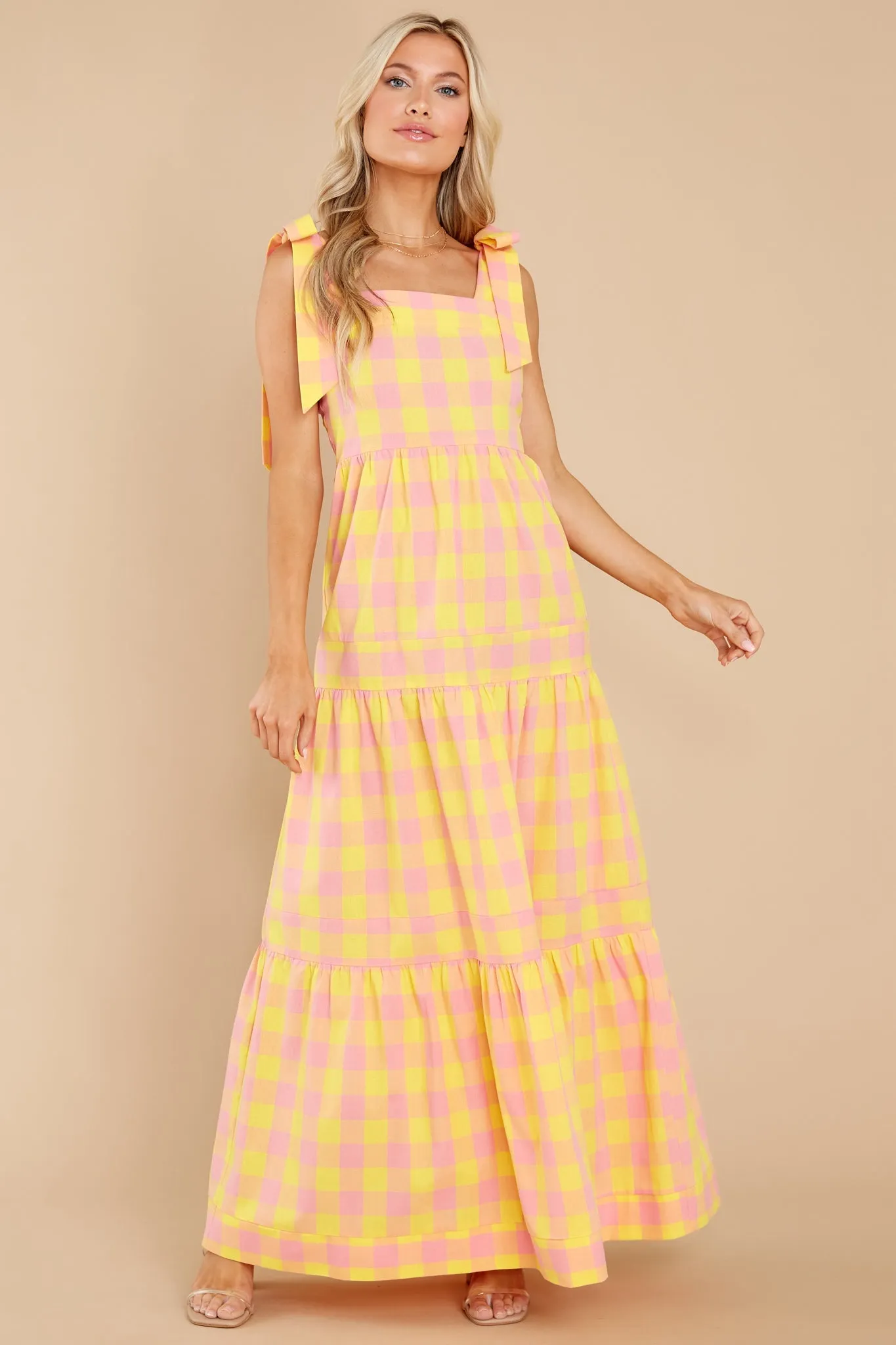 Sunny Strolls Yellow And Pink Gingham Maxi Dress