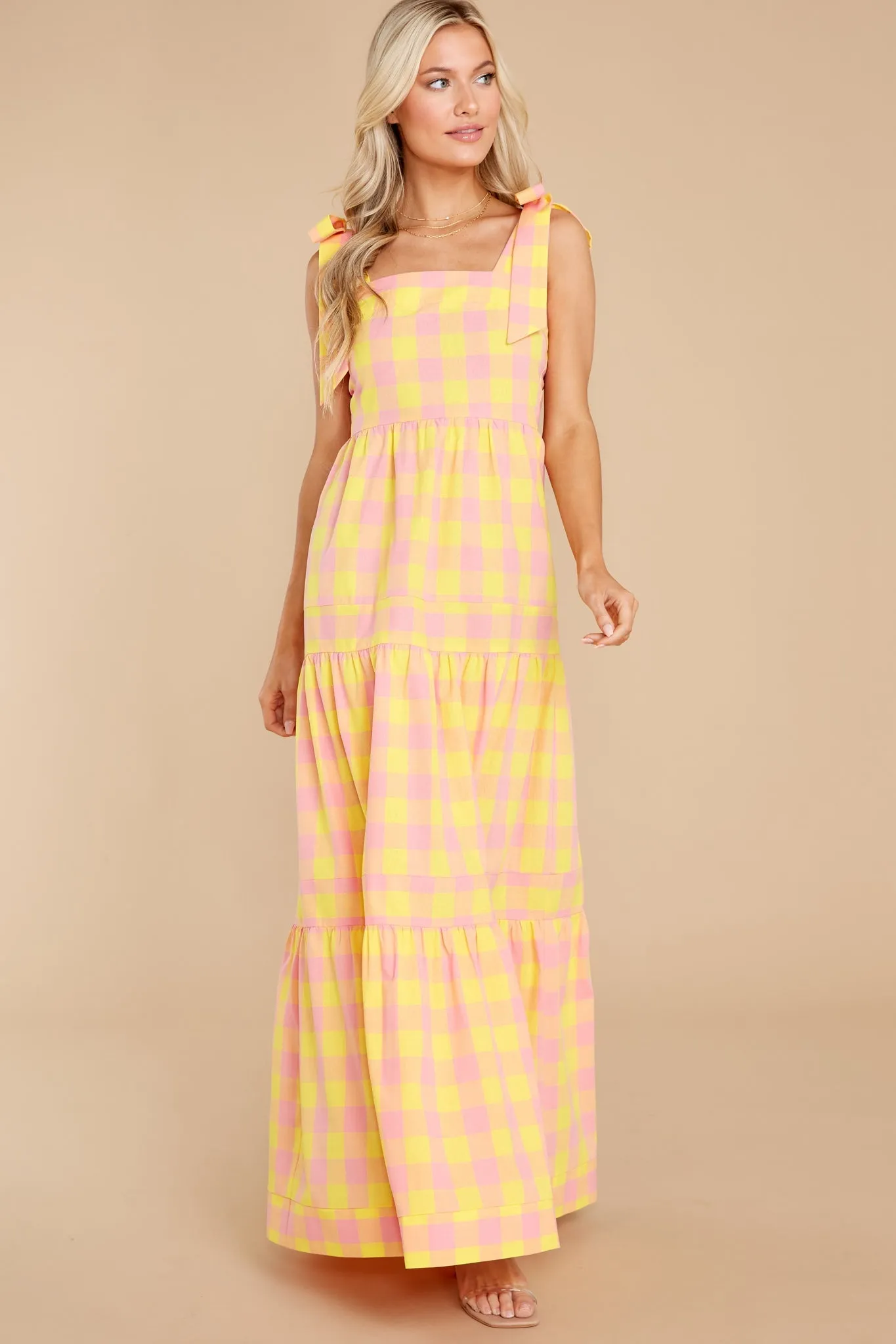 Sunny Strolls Yellow And Pink Gingham Maxi Dress