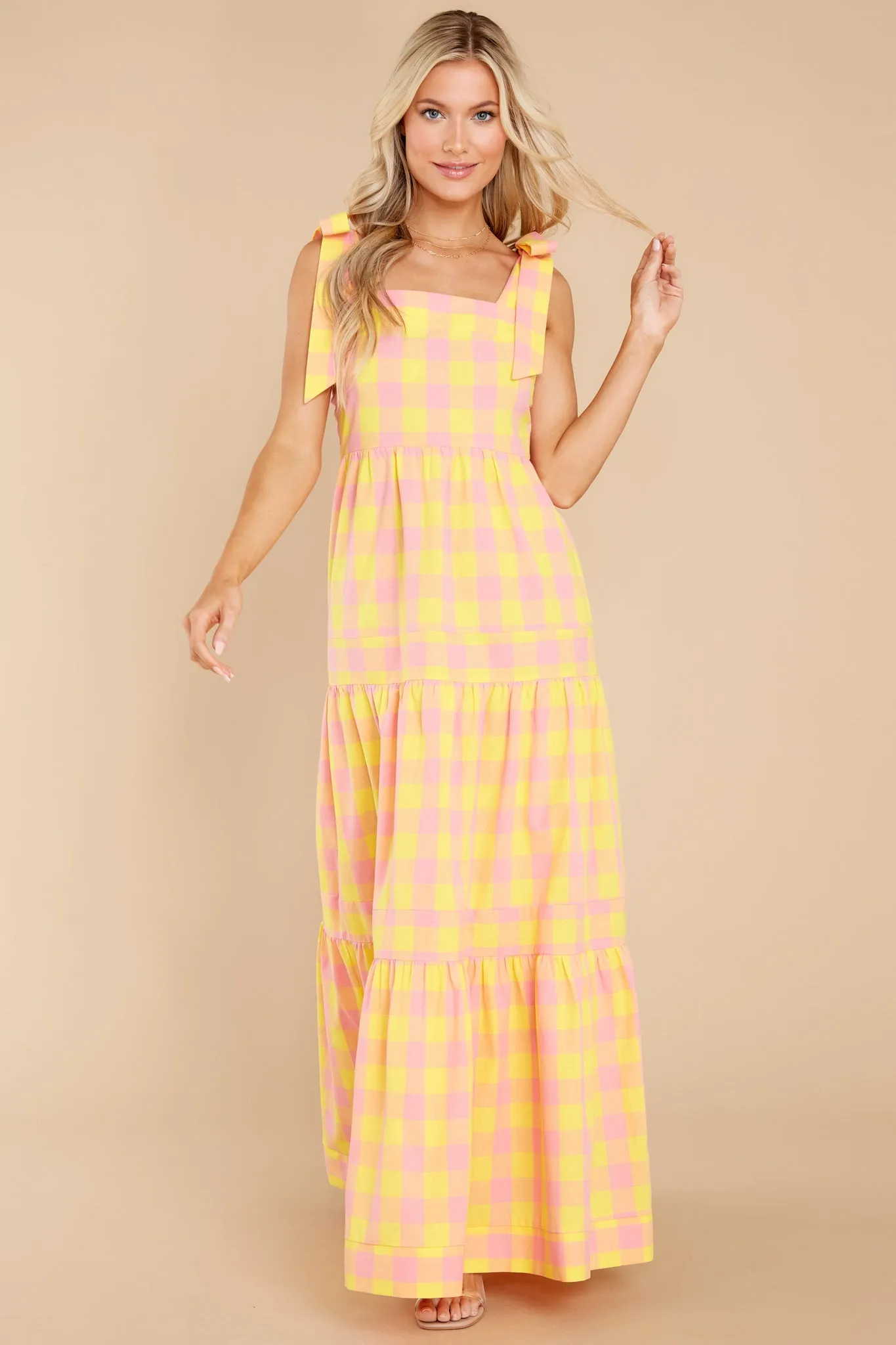 Sunny Strolls Yellow And Pink Gingham Maxi Dress