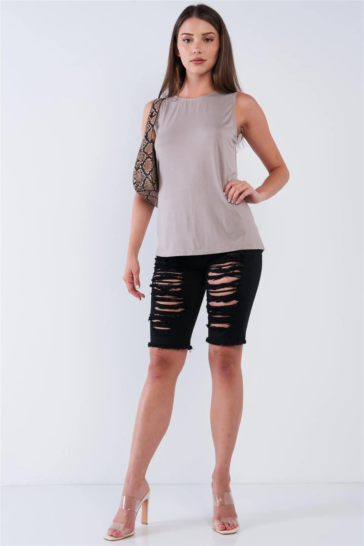 Taupe Cut Out Crew-Neck Sleeveless Casual Tunic Top