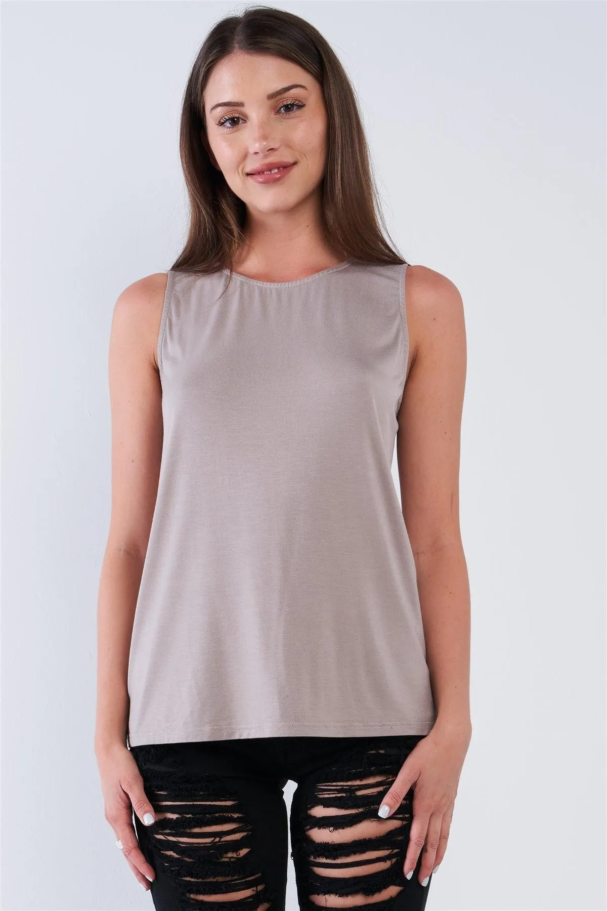 Taupe Cut Out Crew-Neck Sleeveless Casual Tunic Top