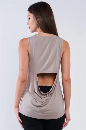 Taupe Cut Out Crew-Neck Sleeveless Casual Tunic Top