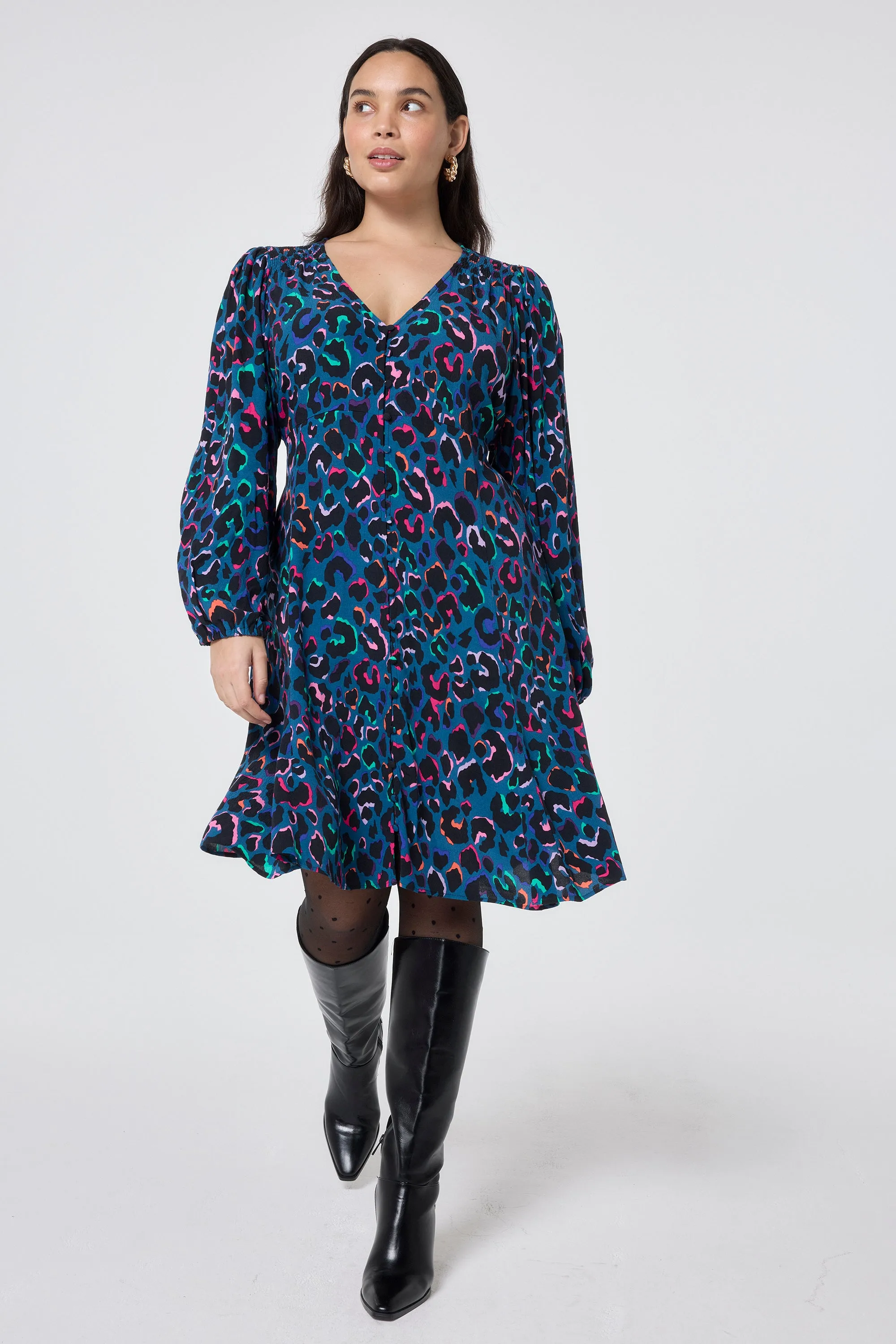 Teal with Rainbow Shadow Leopard Blouson Sleeve Godet Short Dress