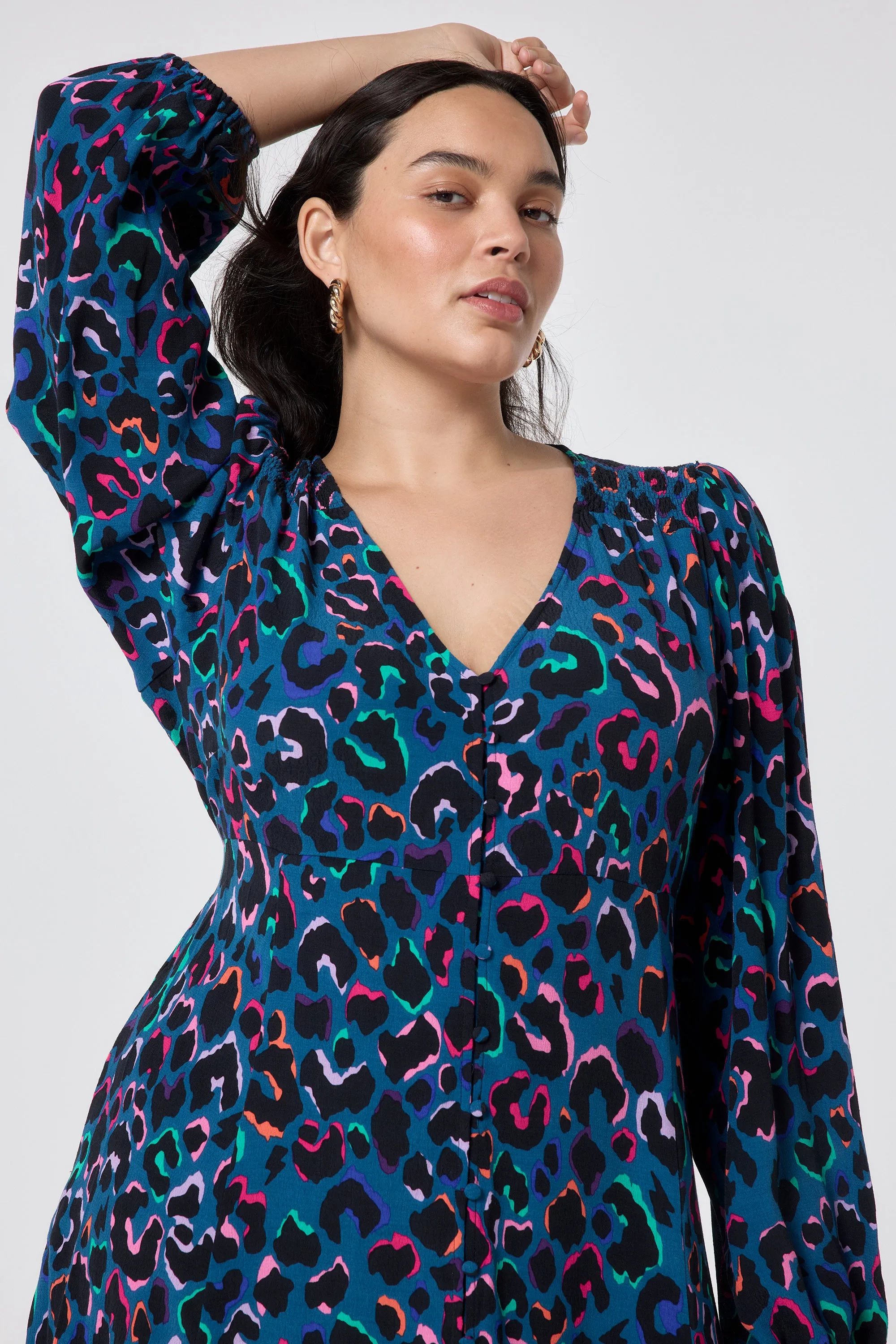 Teal with Rainbow Shadow Leopard Blouson Sleeve Godet Short Dress