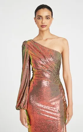 Theia Myra One Shoulder Sequin Gown Iridescent Persimmon