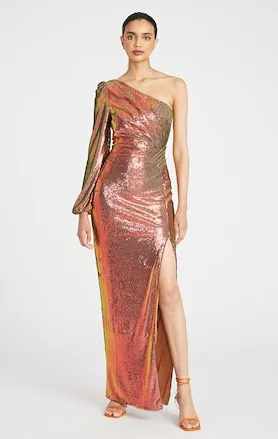 Theia Myra One Shoulder Sequin Gown Iridescent Persimmon