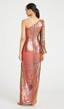 Theia Myra One Shoulder Sequin Gown Iridescent Persimmon