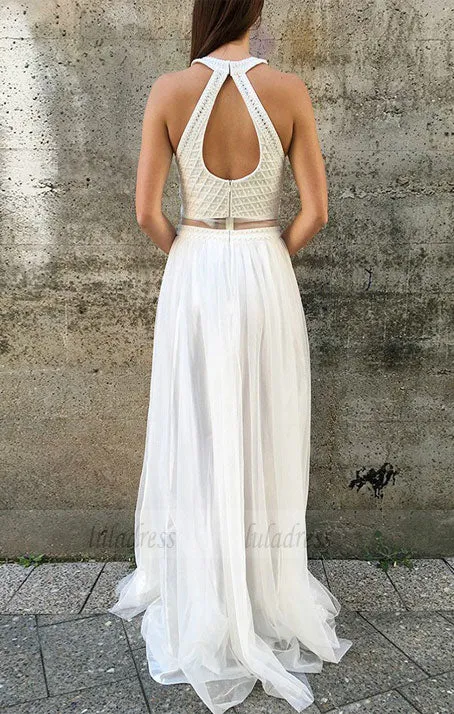 Two Piece Jewel Long Prom Dress with Pearls