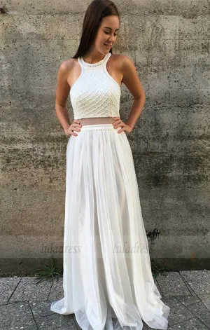 Two Piece Jewel Long Prom Dress with Pearls