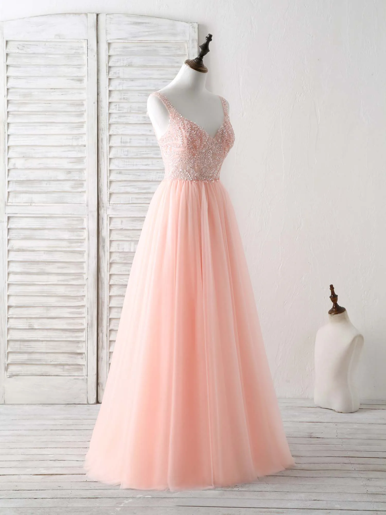 Unique Tulle Beads Long Prom Dress Tulle Evening Dress