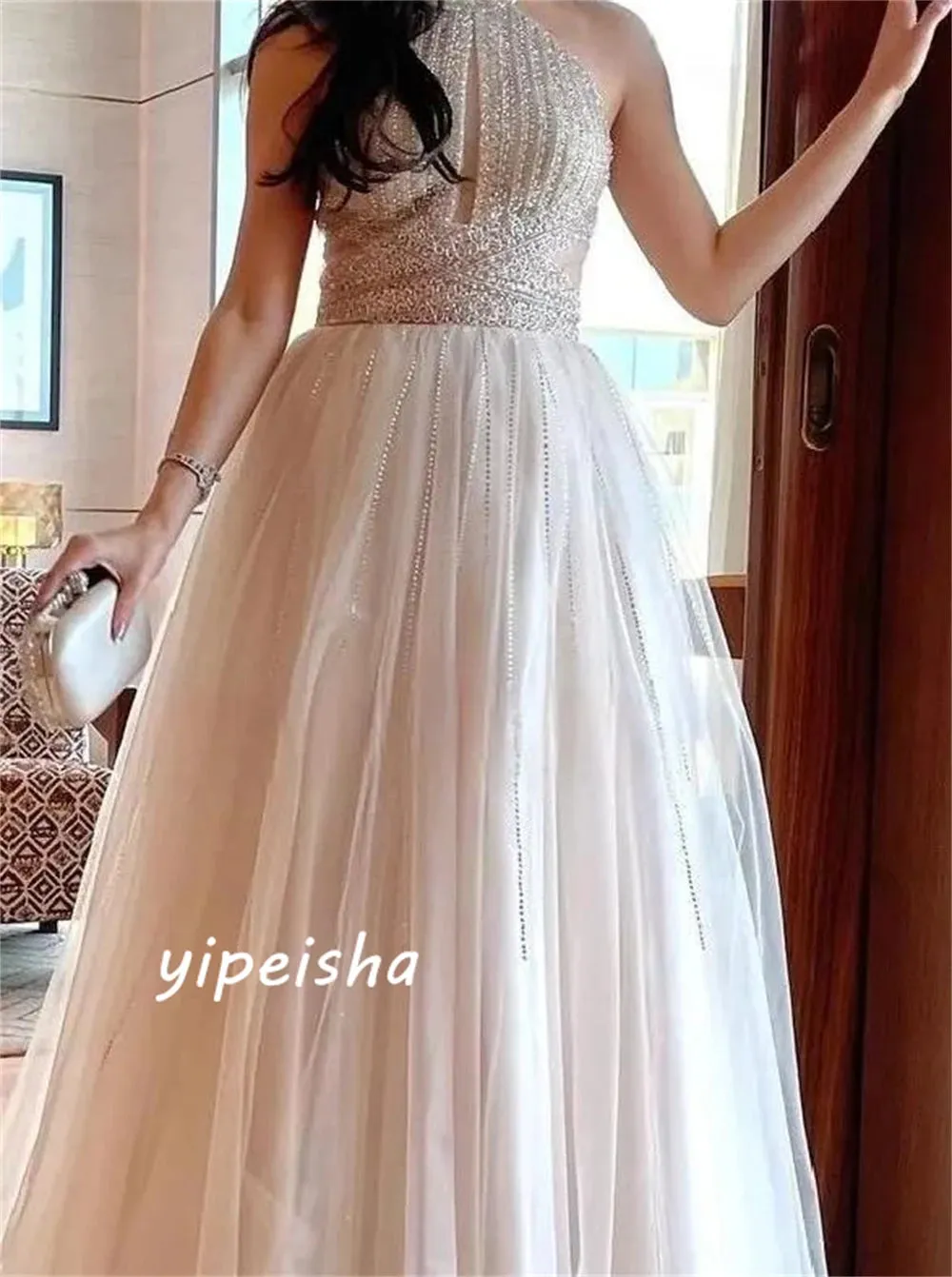 Uniwim Prom Dress Saudi Arabia Yipeisha Sparkle Elegant Halter Ball Gown Party Dresses Beading Paillette / Sequins Organza Evening