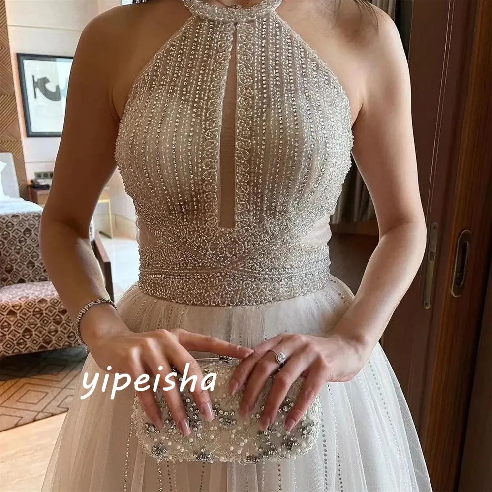 Uniwim Prom Dress Saudi Arabia Yipeisha Sparkle Elegant Halter Ball Gown Party Dresses Beading Paillette / Sequins Organza Evening