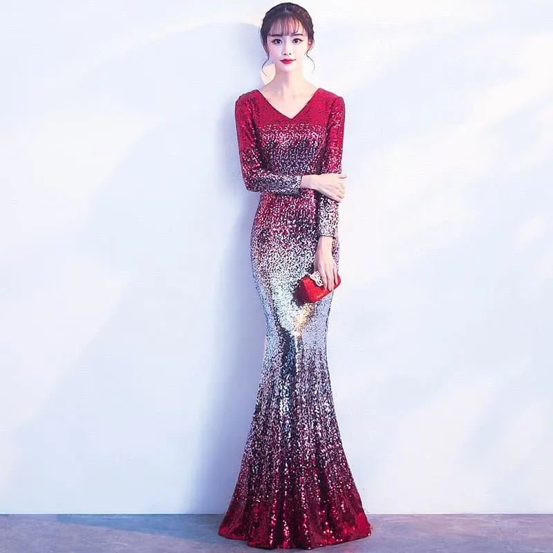 V-Neck Sequined Floor-Length Evening Dress