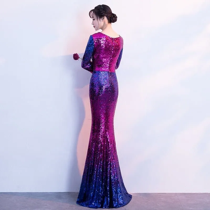 V-Neck Sequined Floor-Length Evening Dress