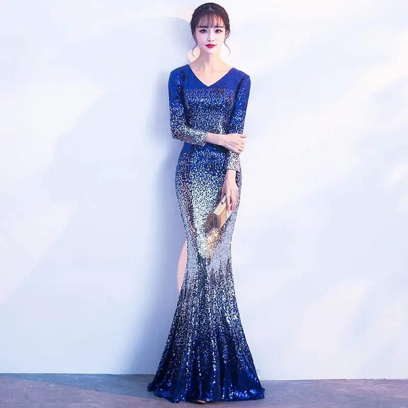 V-Neck Sequined Floor-Length Evening Dress