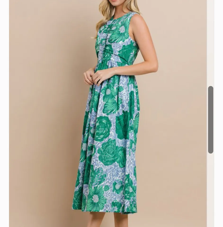 Water Lily Blue Green Floral Sleeveless Midi Dress