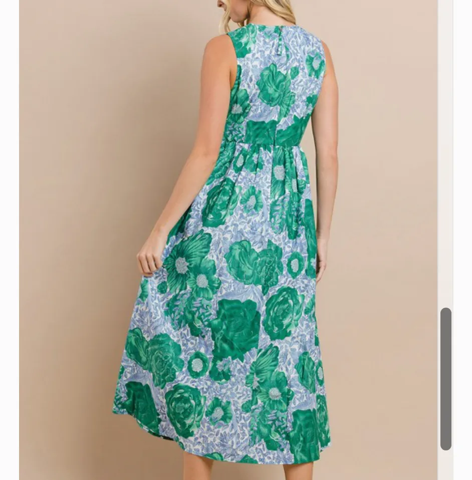 Water Lily Blue Green Floral Sleeveless Midi Dress