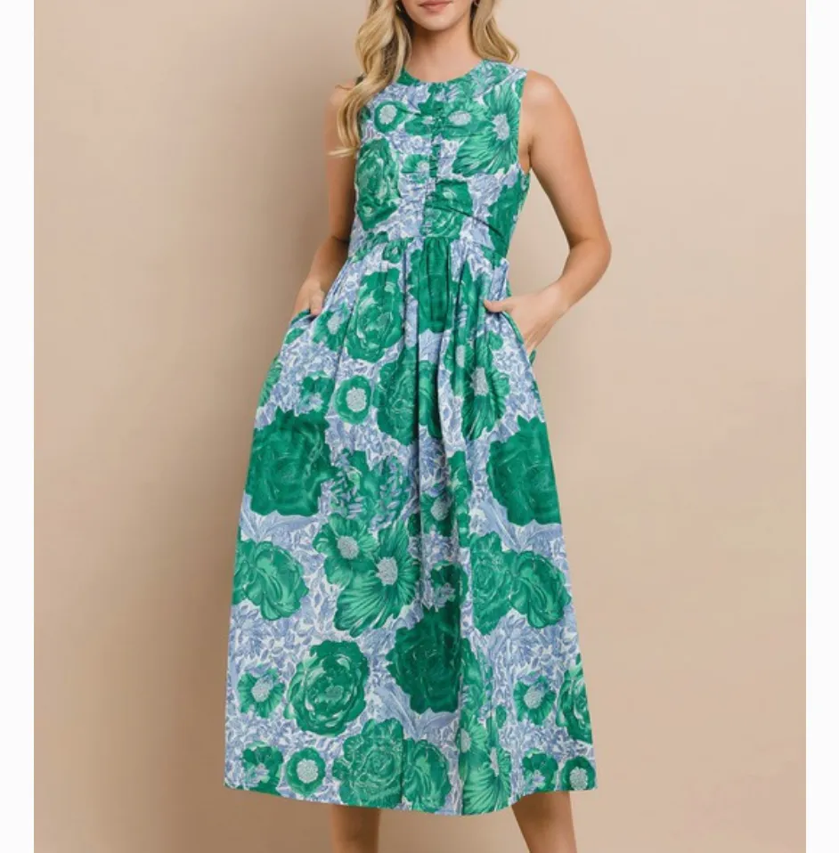 Water Lily Blue Green Floral Sleeveless Midi Dress