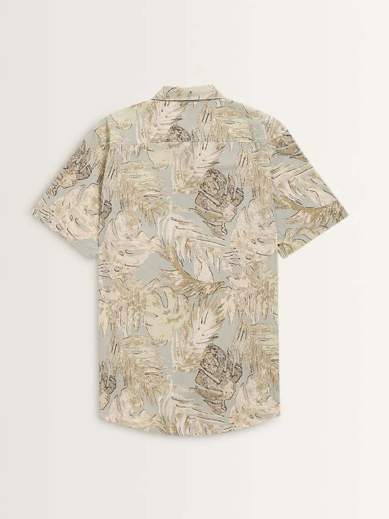 WES Casuals Beige Leaf Printed Slim-Fit Cotton Shirt