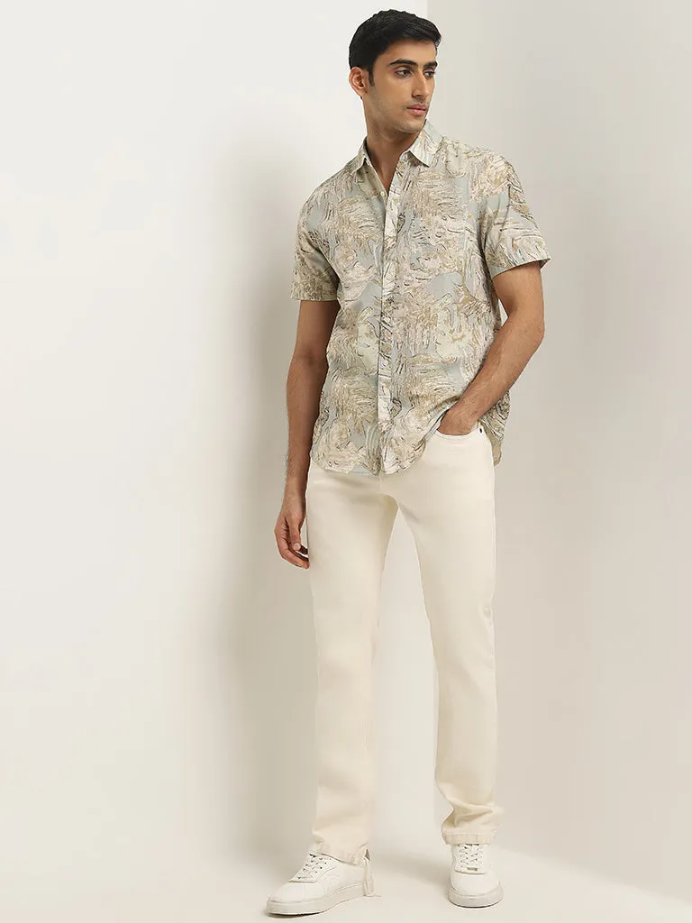 WES Casuals Beige Leaf Printed Slim-Fit Cotton Shirt