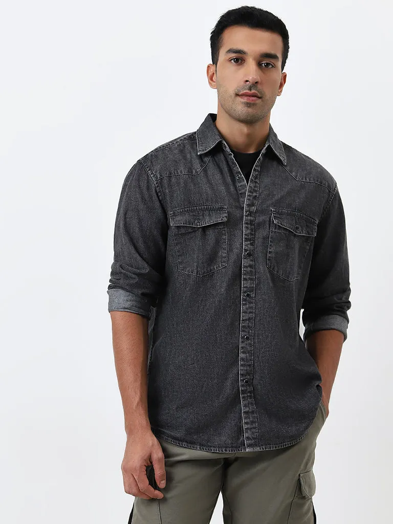 WES Casuals Charcoal Relaxed-Fit Denim Shirt