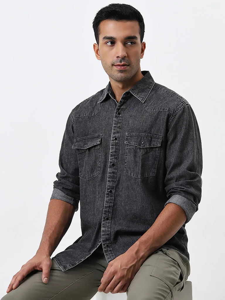 WES Casuals Charcoal Relaxed-Fit Denim Shirt