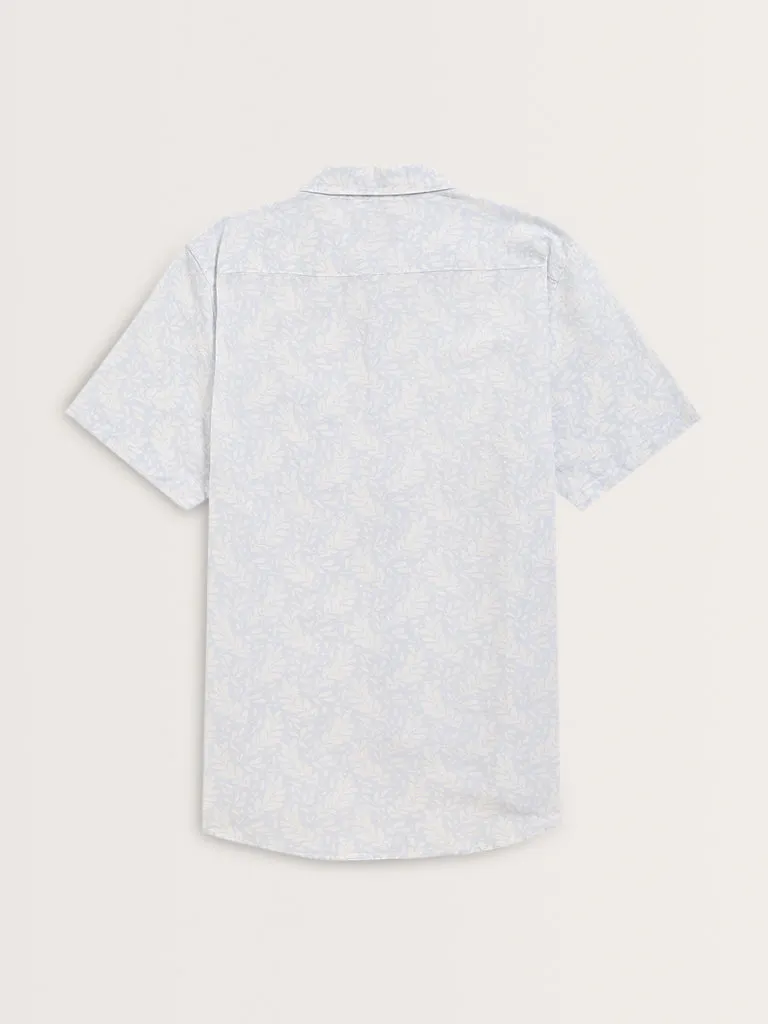 WES Casuals Light Blue Printed Slim-Fit Blended Linen Shirt