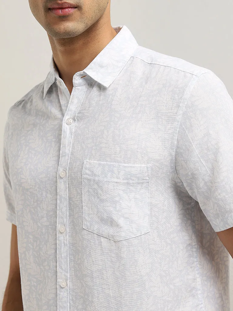 WES Casuals Light Blue Printed Slim-Fit Blended Linen Shirt