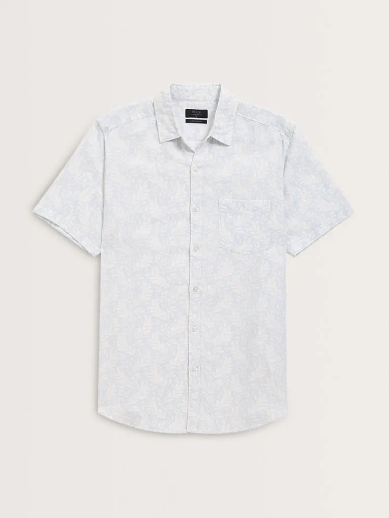 WES Casuals Light Blue Printed Slim-Fit Blended Linen Shirt