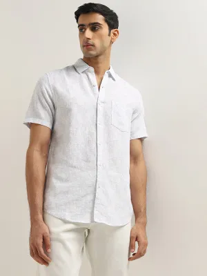 WES Casuals Light Blue Printed Slim-Fit Blended Linen Shirt