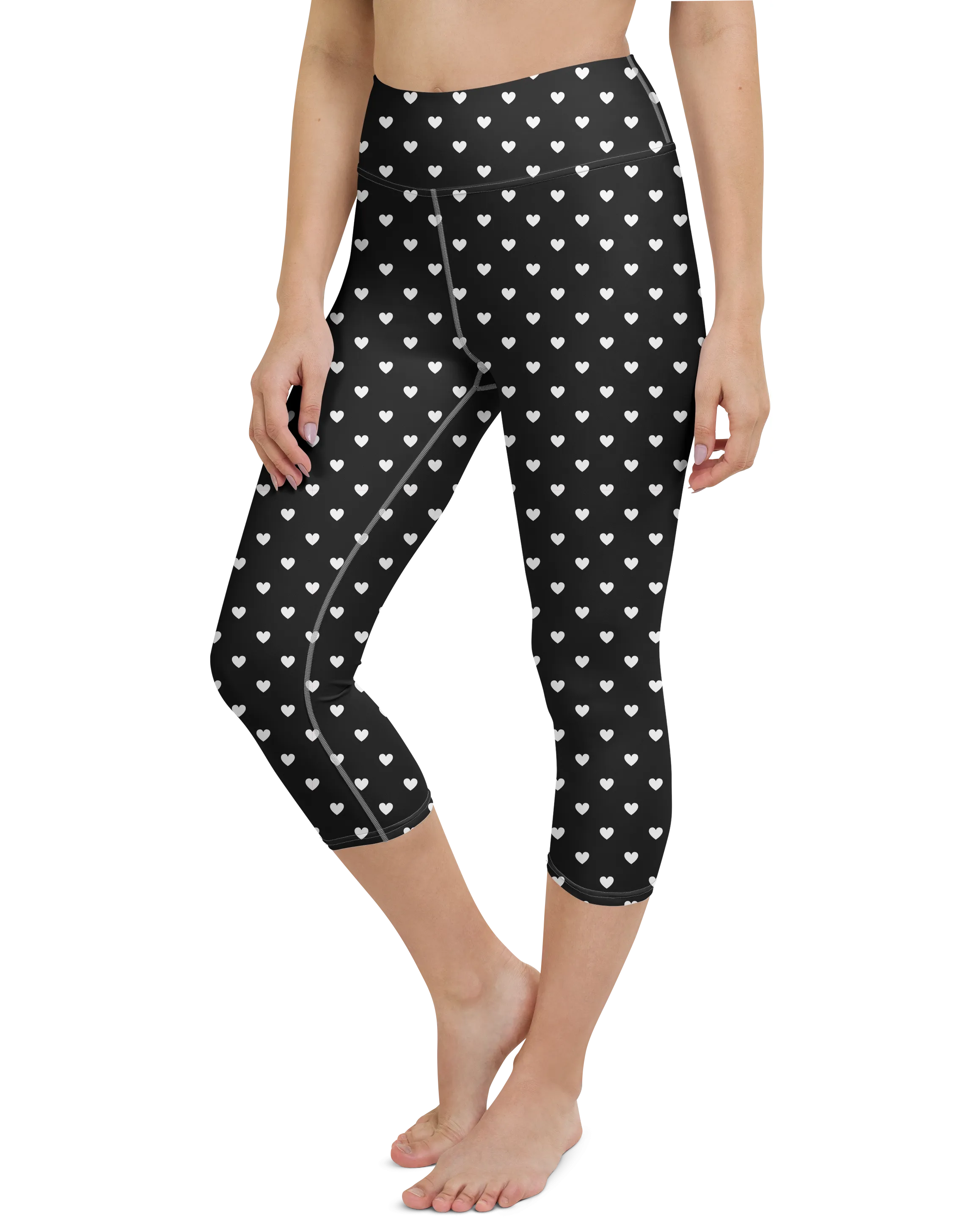 White Mini Hearts Black Yoga Capris