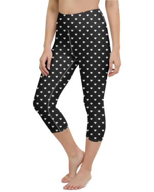 White Mini Hearts Black Yoga Capris