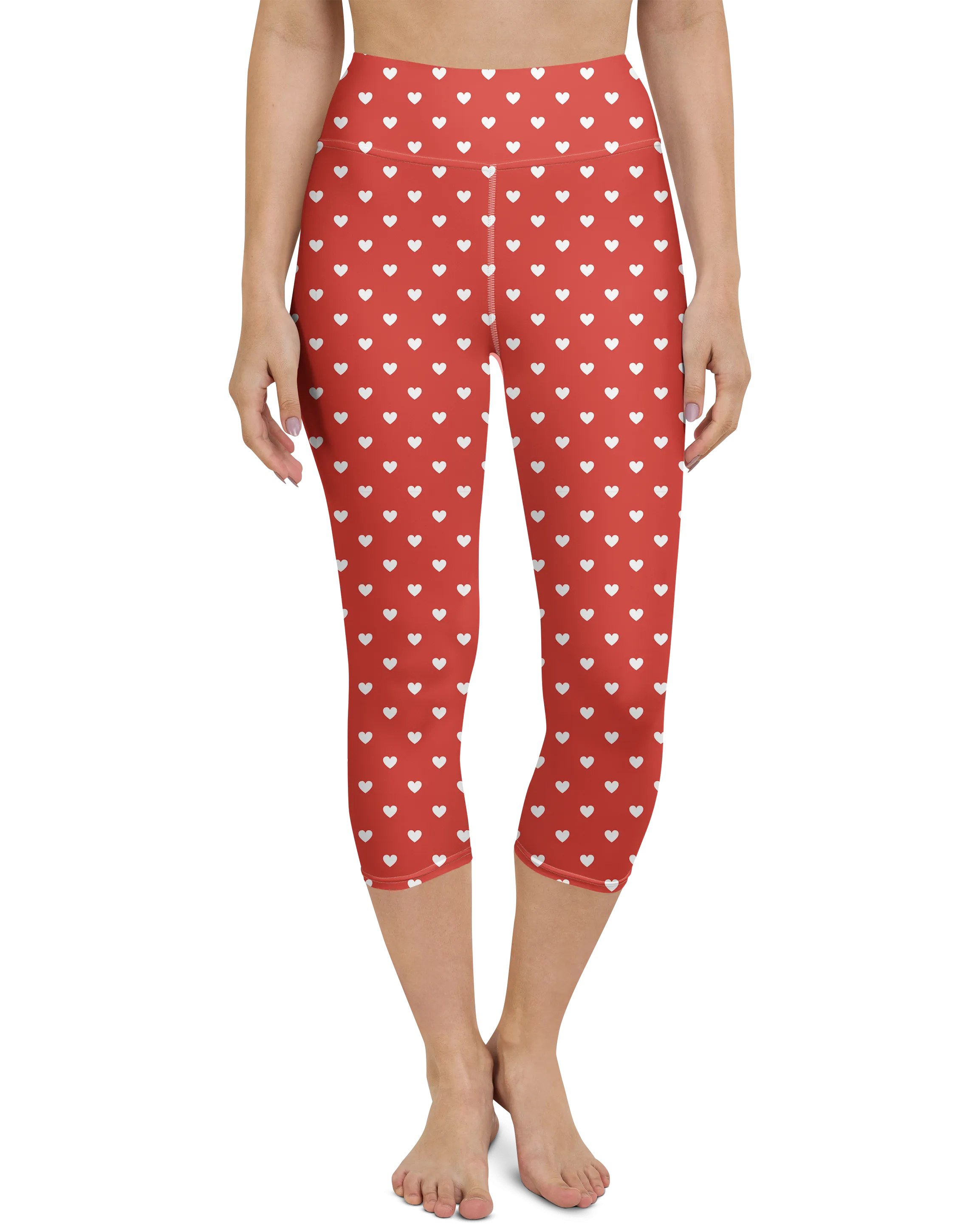 White Mini Hearts Red Yoga Capris