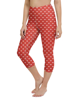 White Mini Hearts Red Yoga Capris