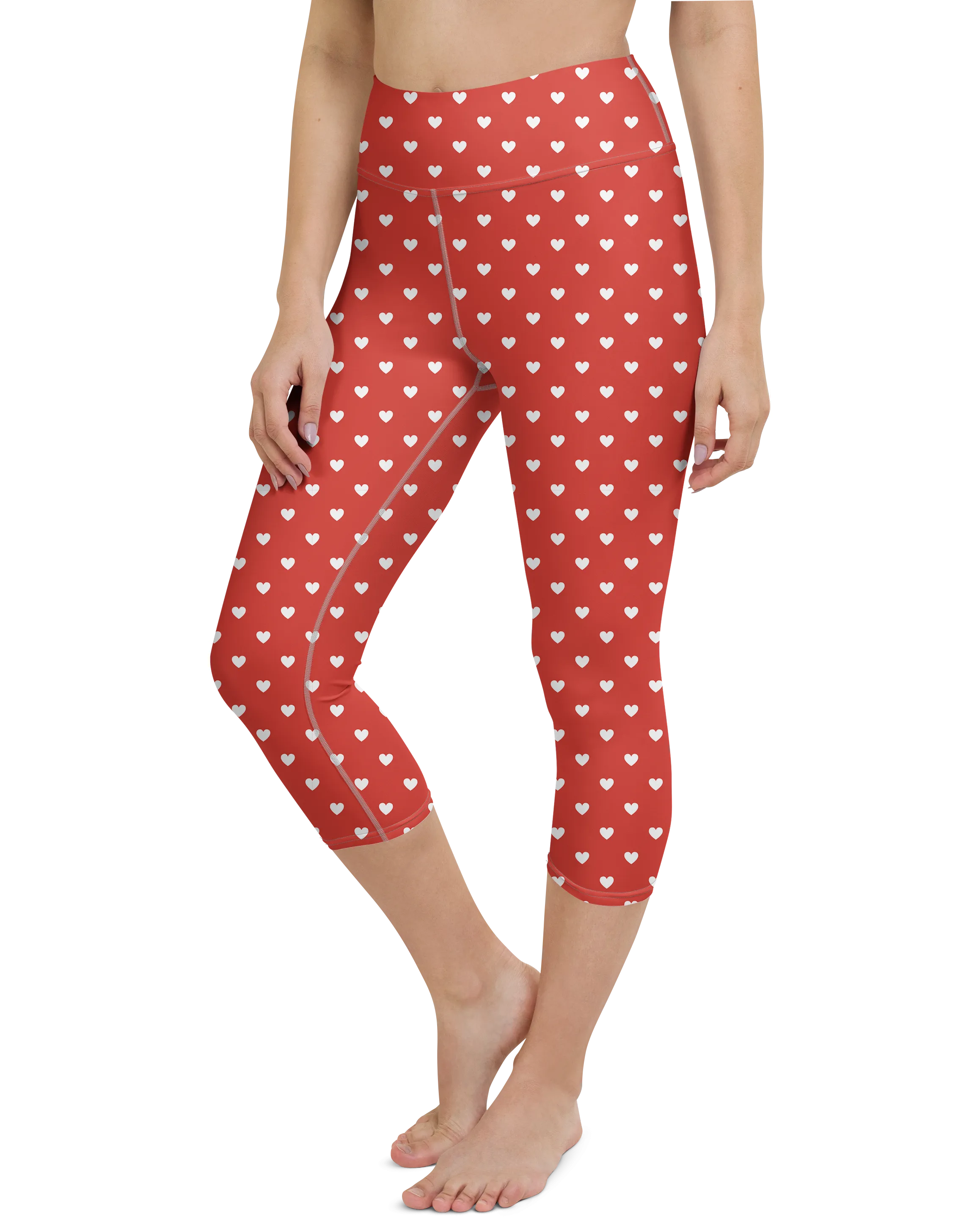 White Mini Hearts Red Yoga Capris