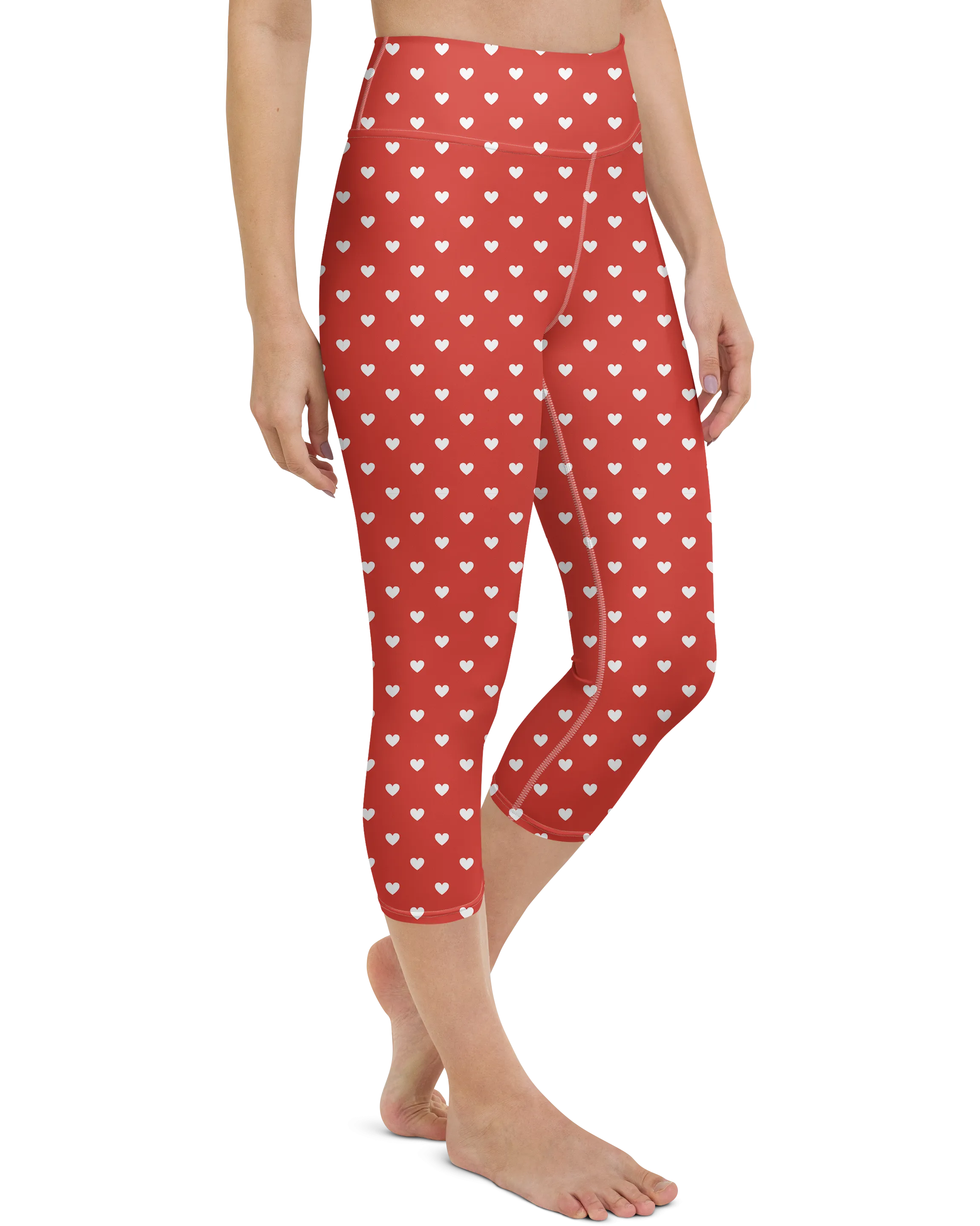 White Mini Hearts Red Yoga Capris